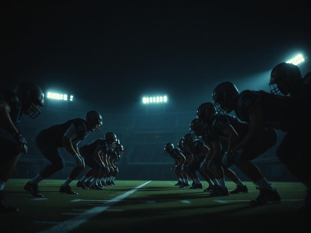 American football teams set at the line of scrimmage at night
