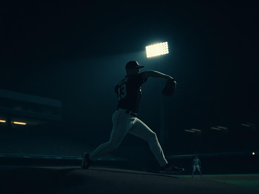 Baseball pitcher mid-delivery in a floodlit night stadium