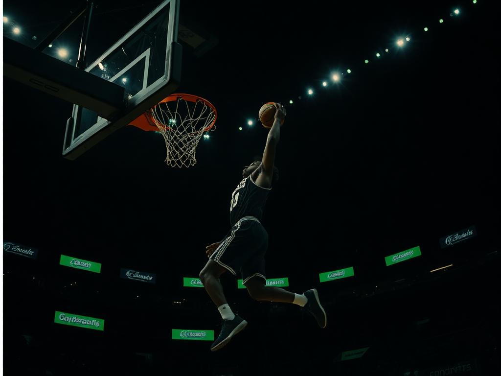 Basketball player rising to the rim in a darkened arena