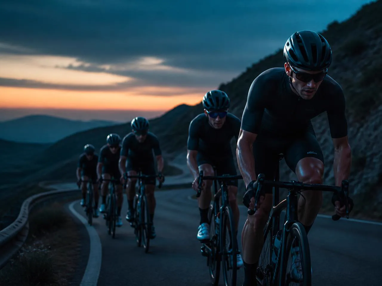 Elite road cyclists climbing a mountain road at dusk